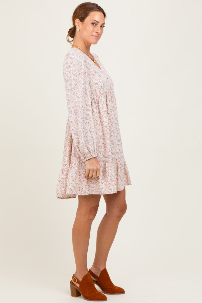 Beige Floral Long Sleeve Dress