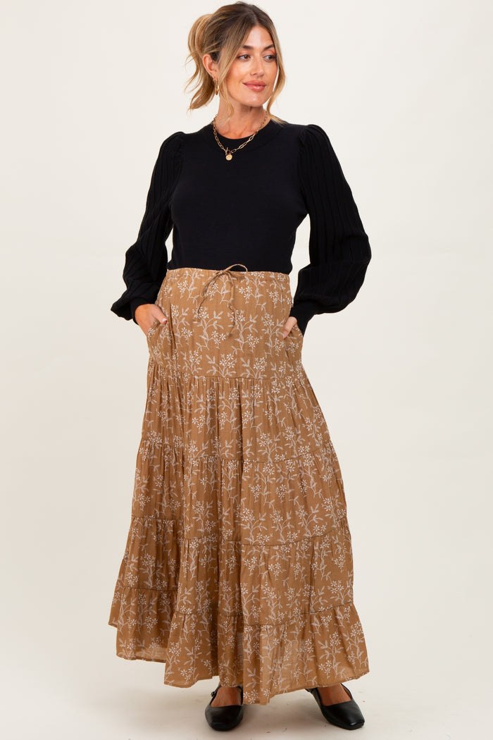 Camel Floral Drawstring Tiered Maternity Maxi Skirt