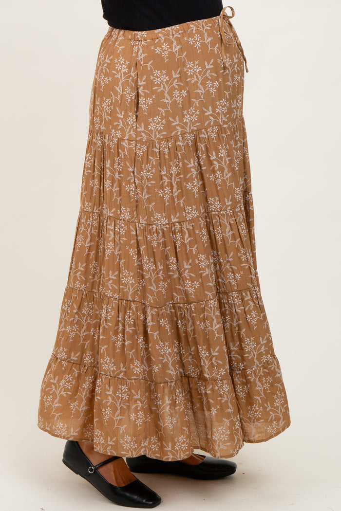 Camel Floral Drawstring Tiered Maternity Maxi Skirt