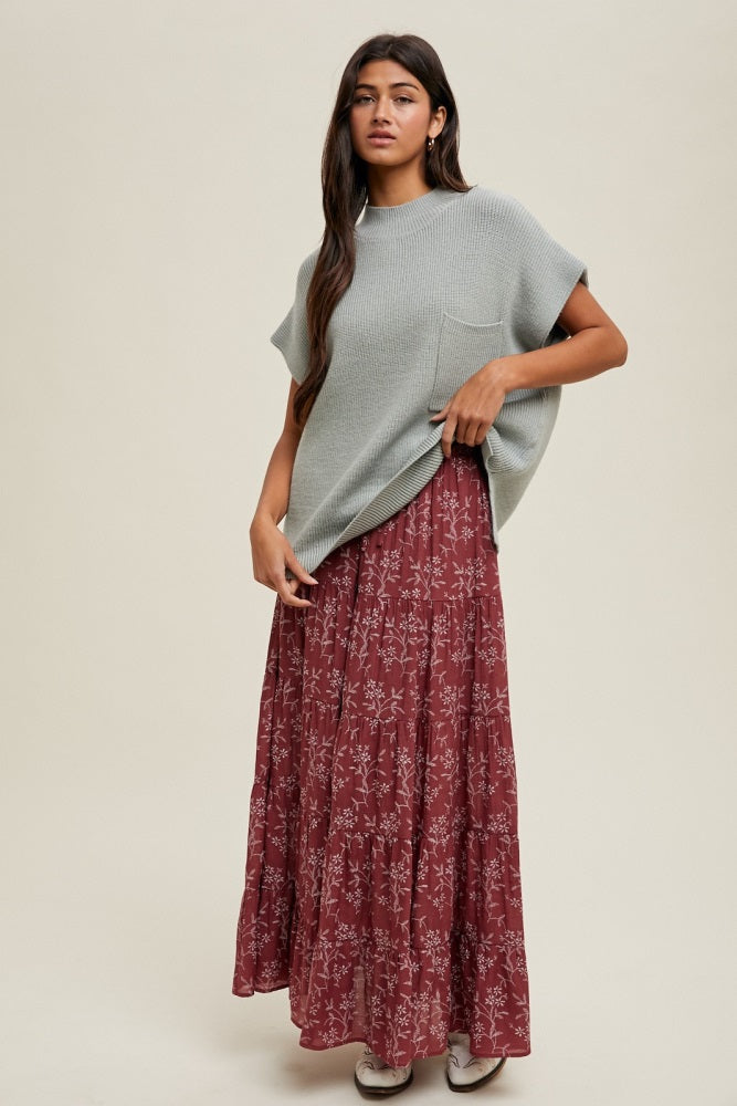 Rust Floral Drawstring Tiered Maternity Maxi Skirt
