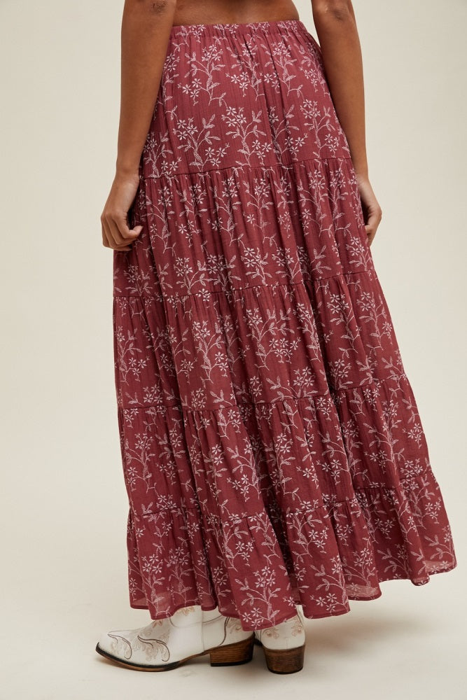 Rust Floral Drawstring Tiered Maxi Skirt