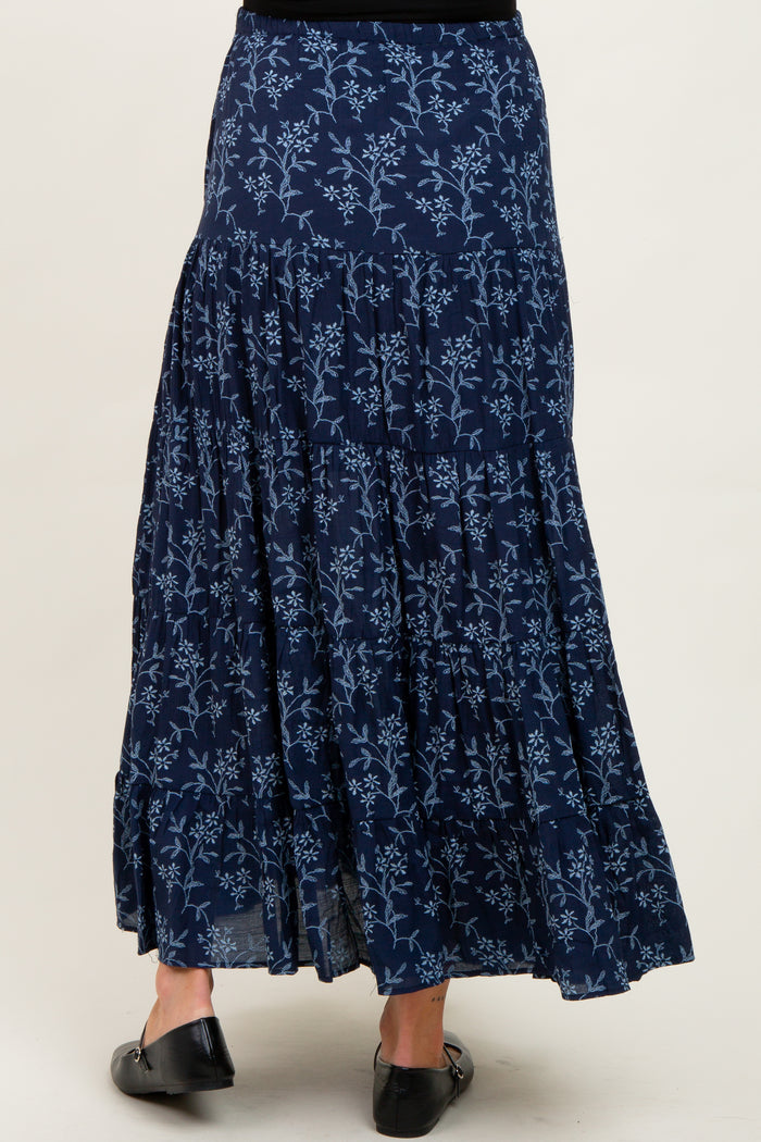 Navy Floral Drawstring Tiered Maternity Maxi Skirt