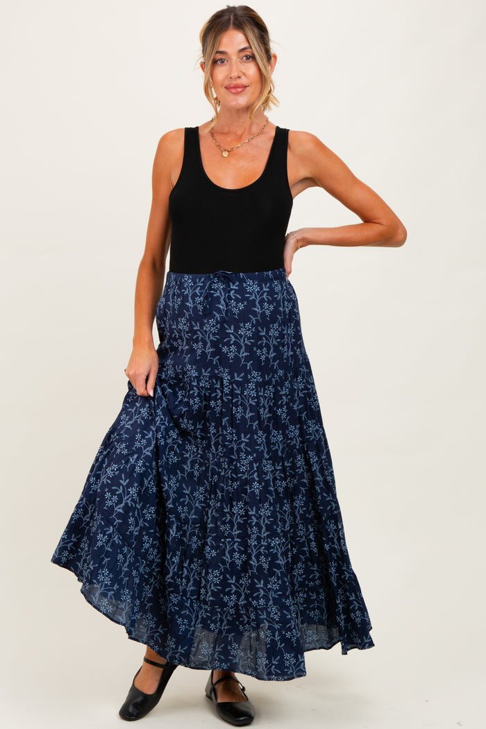 Navy Floral Drawstring Tiered Maternity Maxi Skirt