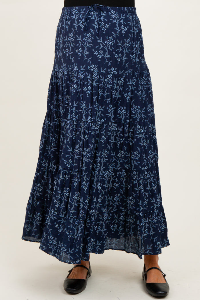 Navy Floral Drawstring Tiered Maternity Maxi Skirt