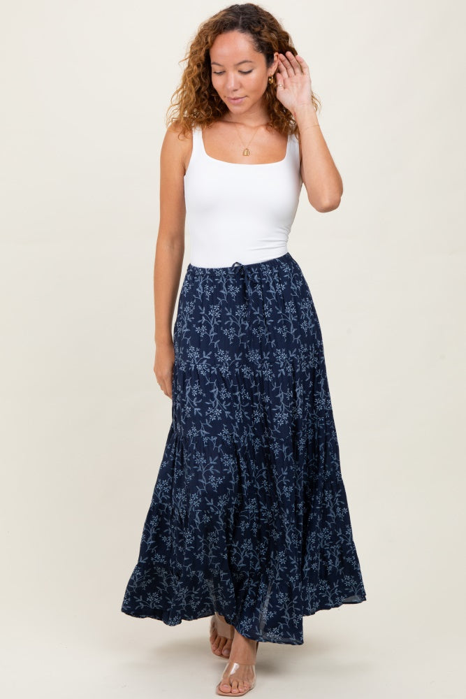 Navy Floral Drawstring Tiered Maxi Skirt
