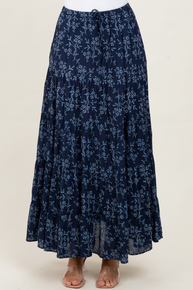 Navy Floral Drawstring Tiered Maxi Skirt
