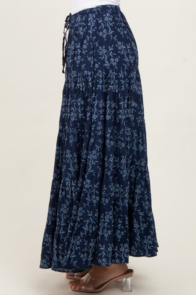 Navy Floral Drawstring Tiered Maxi Skirt