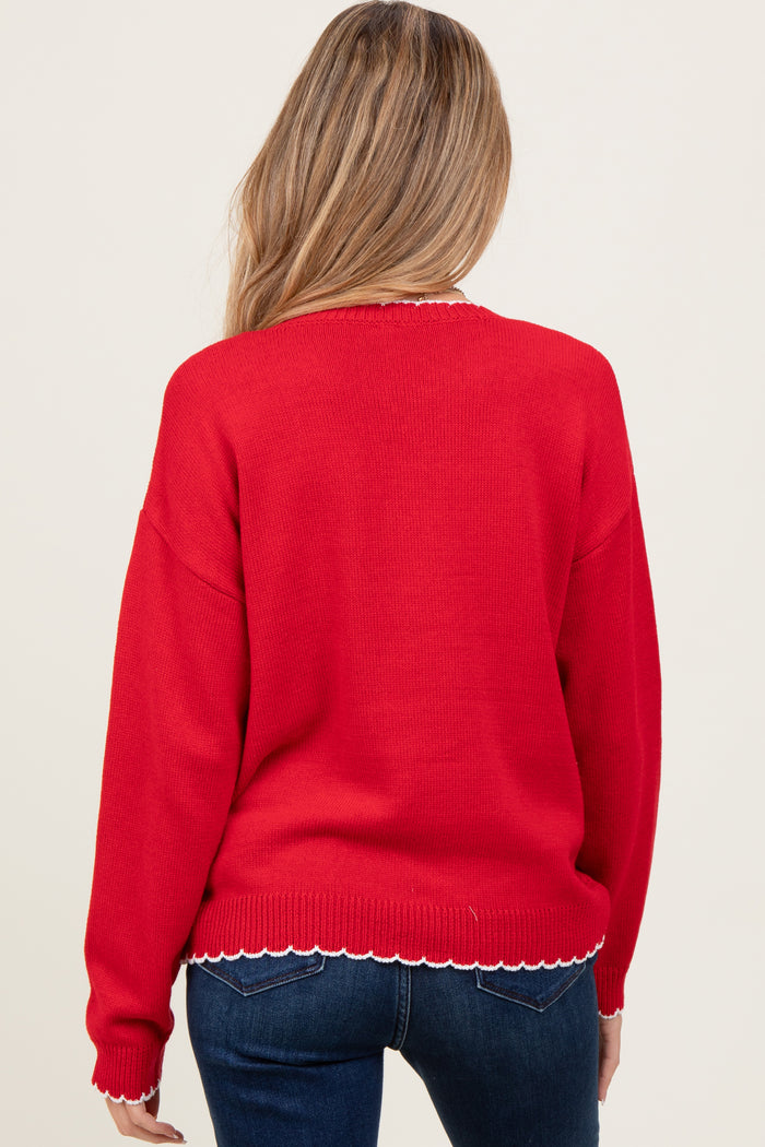 Red Contrast Scallop Trim Maternity Sweater