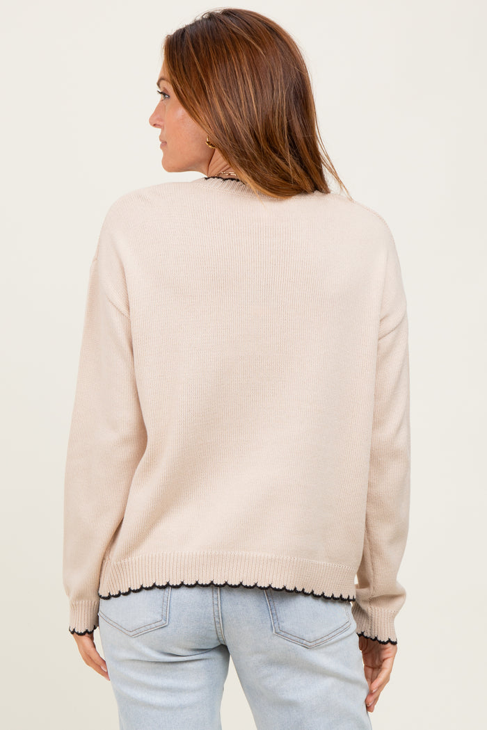 Taupe Contrast Scallop Trim Sweater