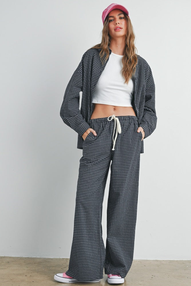Black Oversized Grid Plaid Button Down Shirt