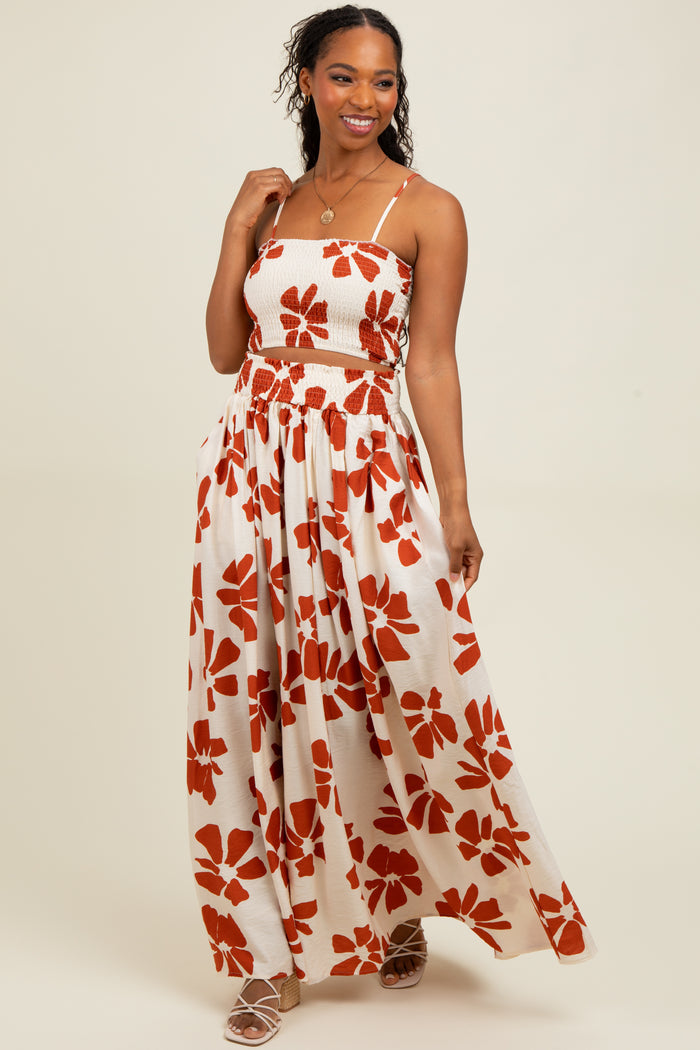 Rust Floral Smocked Top With Maxi Skirt Set
