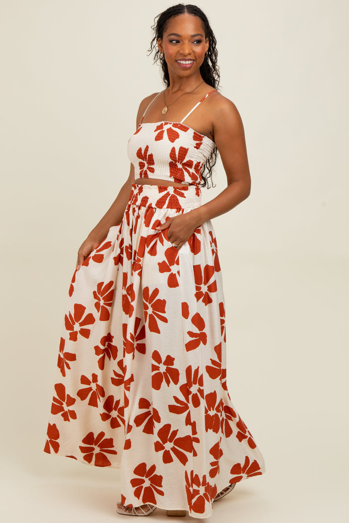 Rust Floral Smocked Top With Maxi Skirt Set