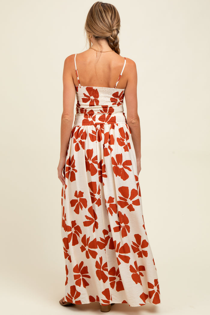 Rust Floral Smocked Top With Maxi Skirt Maternity Set