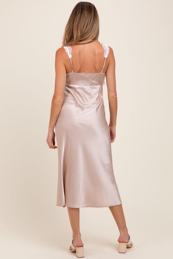Beige Satin Lace Side Slit Maternity Slip Dress