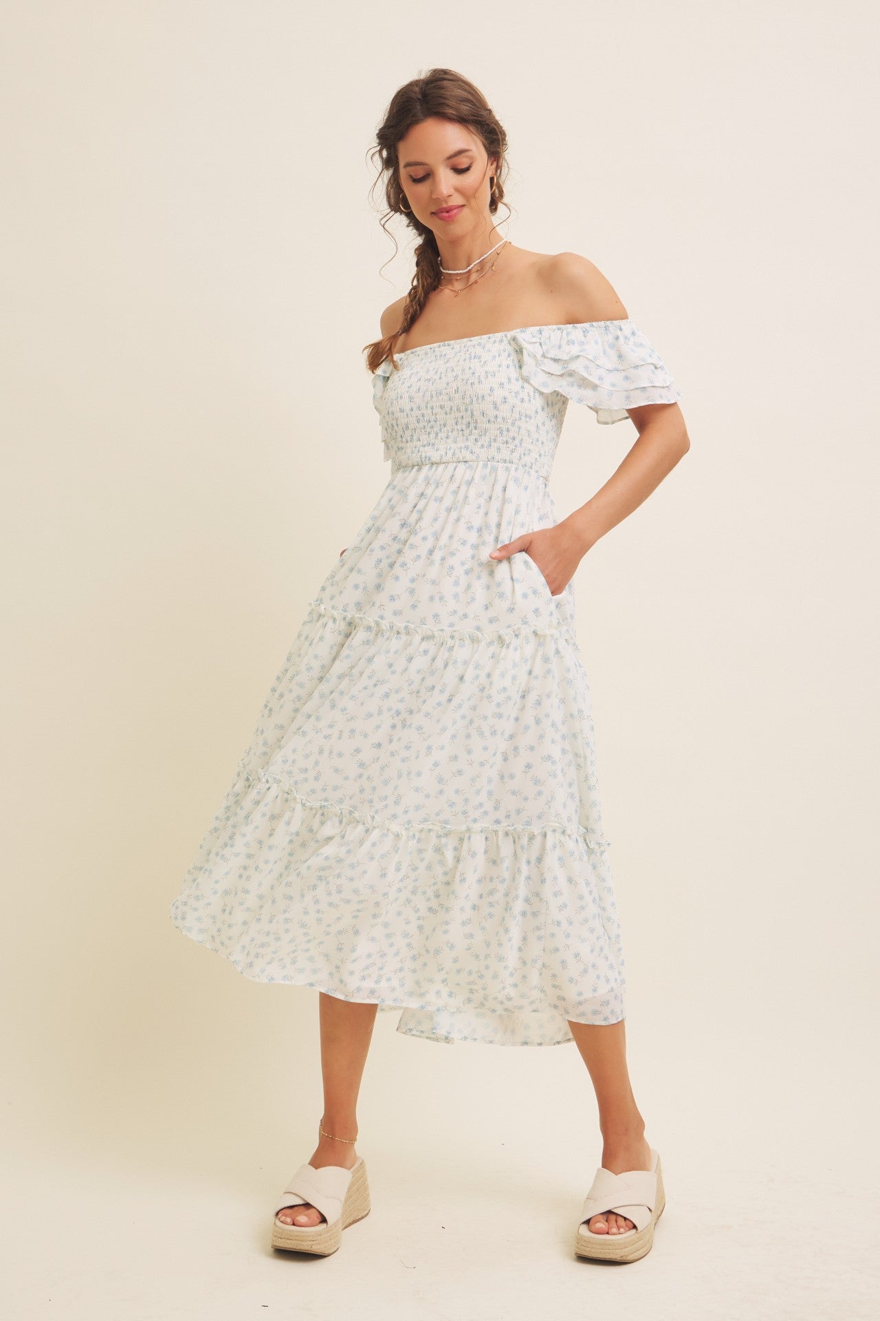 Light Blue Elegant Chiffon Floral Smocked Maternity Midi Dress