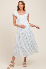 Light Blue Elegant Chiffon Floral Smocked Maternity Midi Dress
