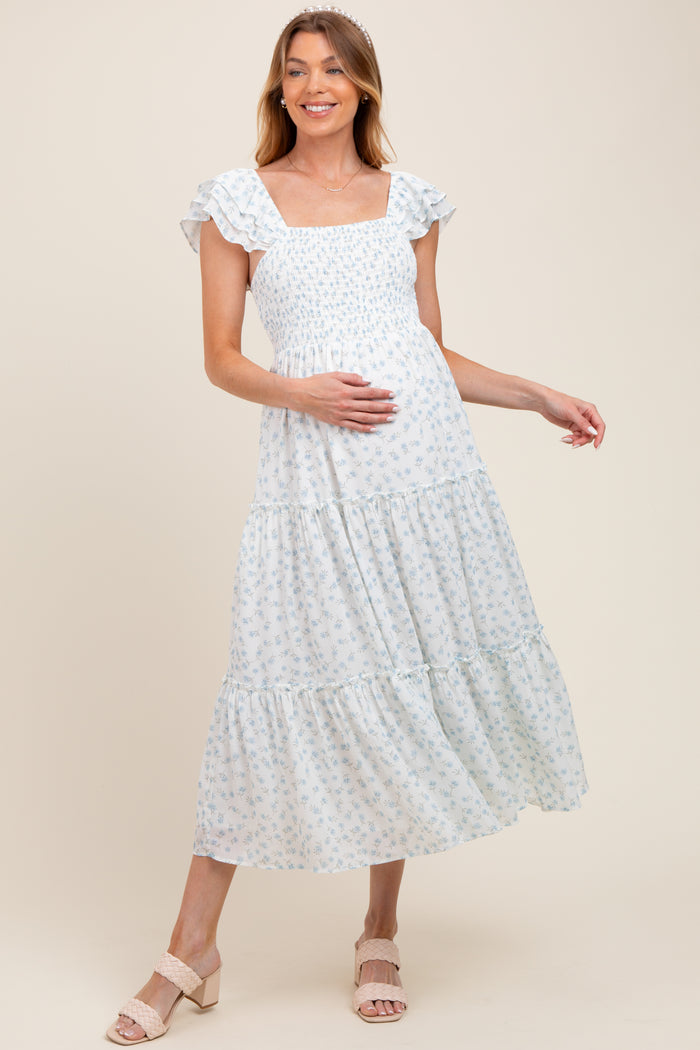 Light Blue Elegant Chiffon Floral Smocked Maternity Midi Dress