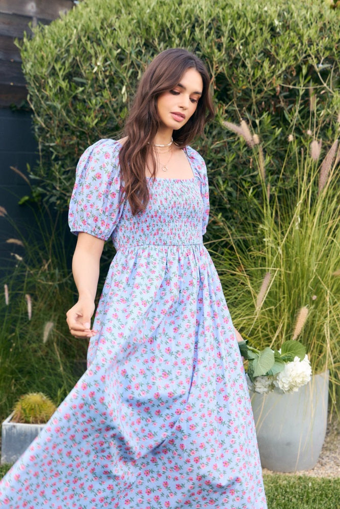 Light Blue Cotton Poplin Floral Smocked Midi Dress