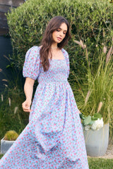 Light Blue Cotton Poplin Floral Smocked Midi Dress