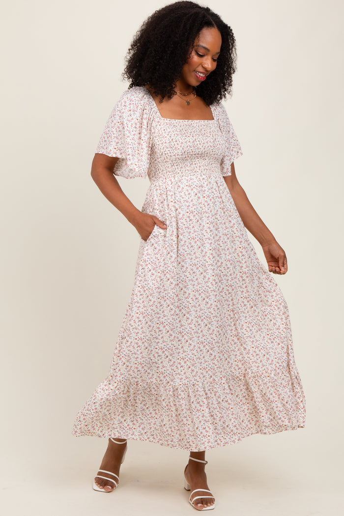 Cream Multi Ditsy Floral Smocked Midi Dress