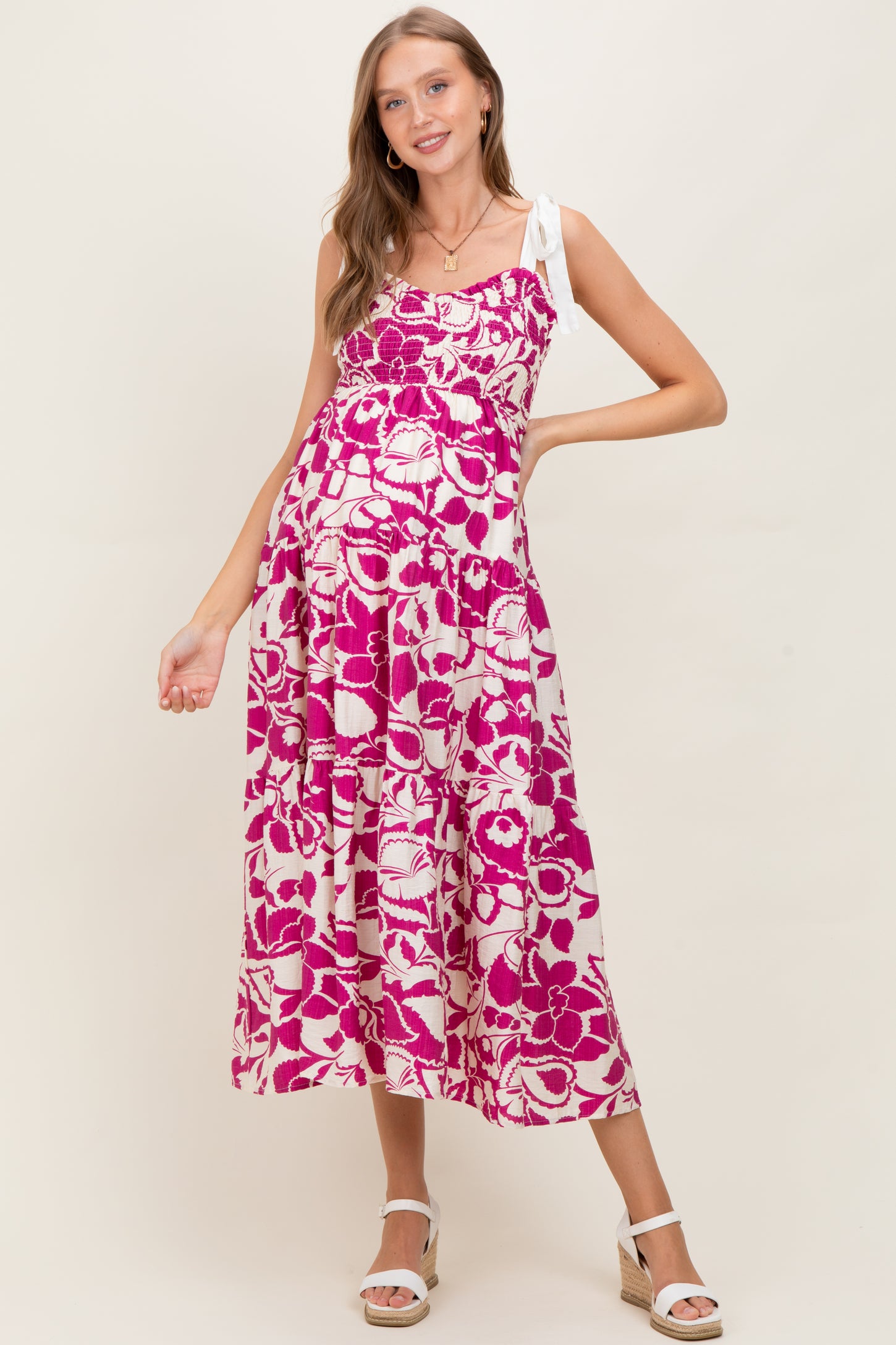 Fuchsia Bloom Floral Print Smocked Maternity Maxi Dress