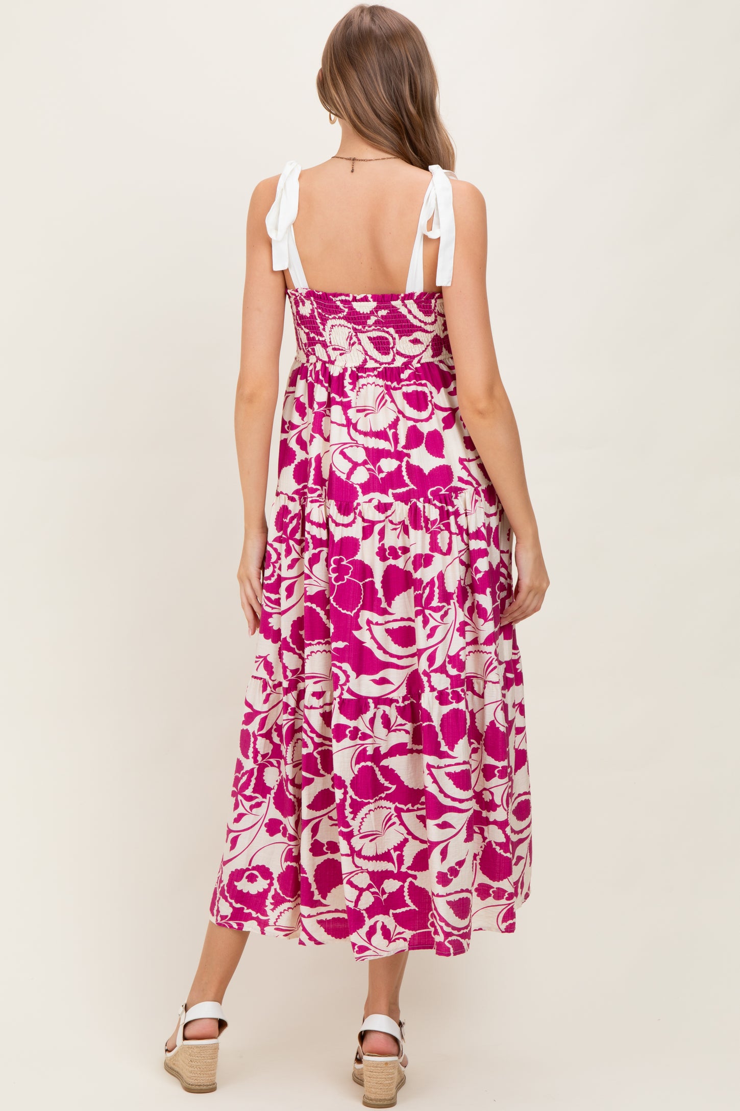 Fuchsia Bloom Floral Print Smocked Maternity Maxi Dress