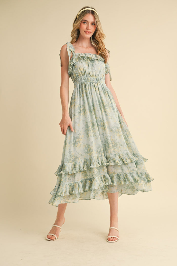 Mint Floral Chiffon Pleated Ruffle Midi Dress