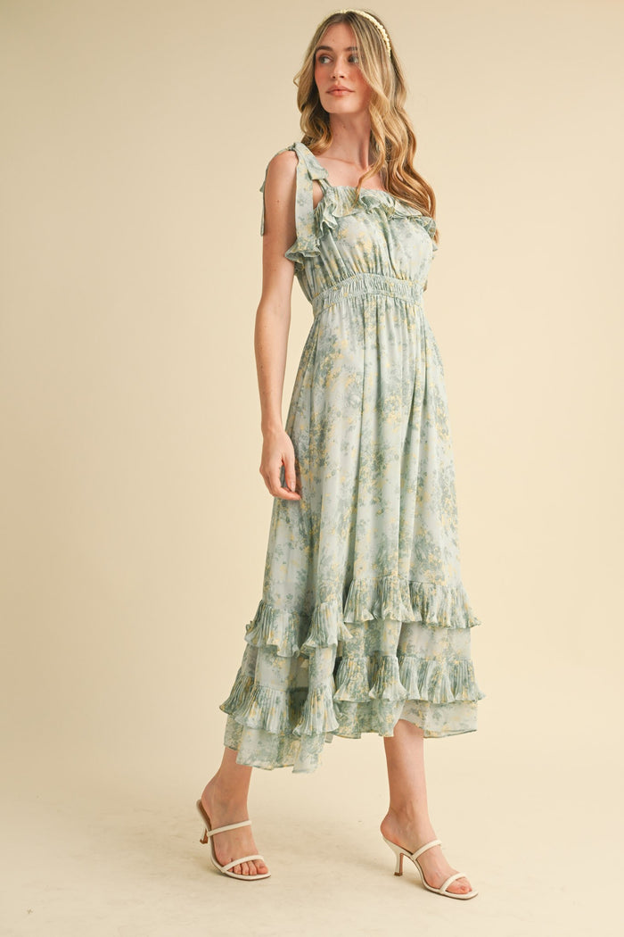 Mint Floral Chiffon Pleated Ruffle Midi Dress