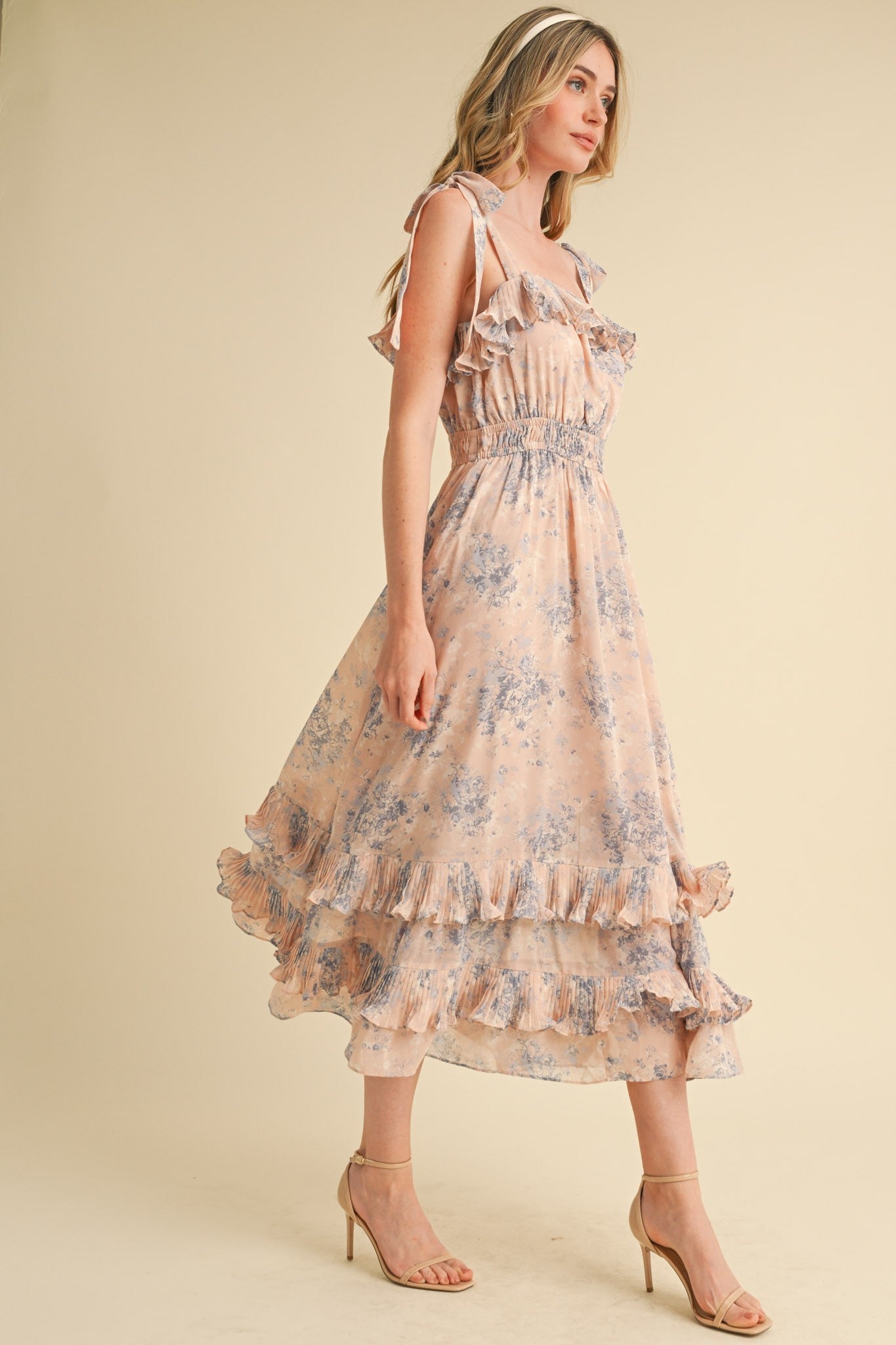 Light Pink Floral Chiffon Pleated Ruffle Midi Dress