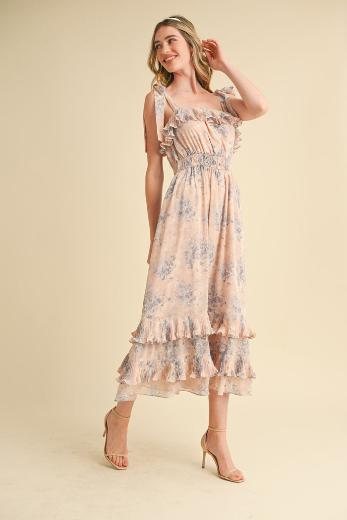 Light Pink Floral Chiffon Pleated Ruffle Midi Dress