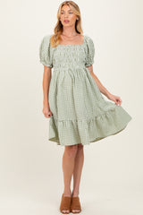Light Olive Gingham Smocked Puff Sleeve Maternity Dress