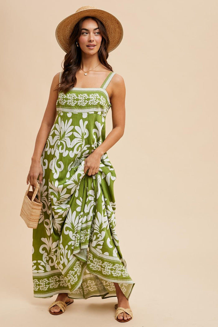 Green Resort Border Print Maxi Dress
