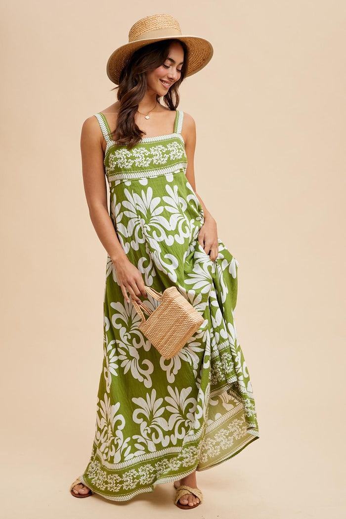 Green Resort Border Print Maxi Dress