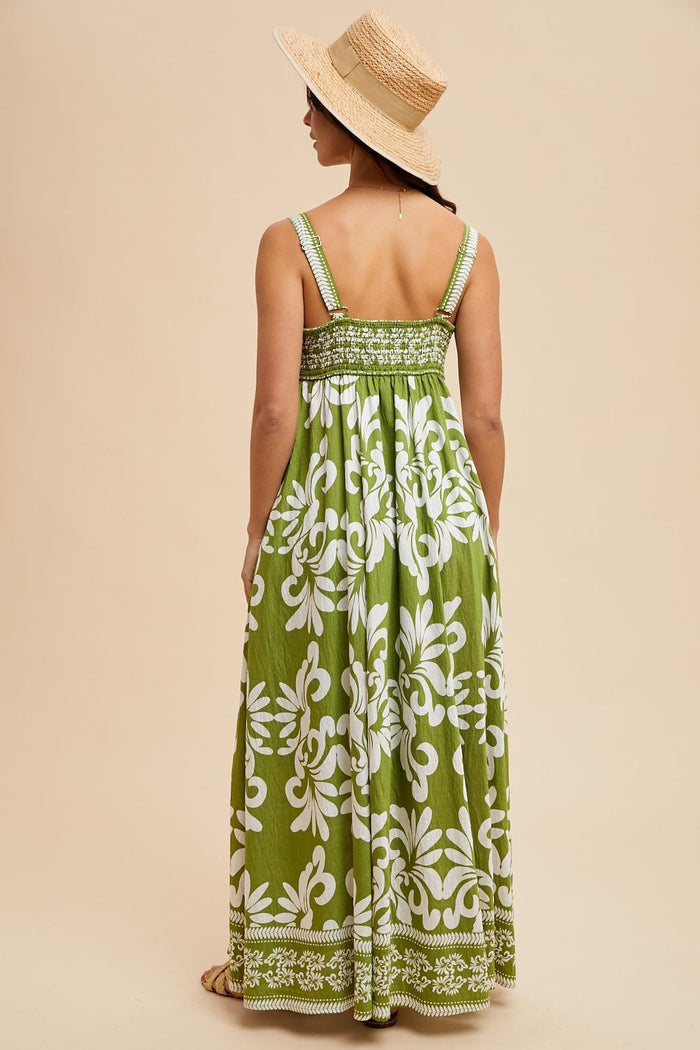 Green Resort Border Print Maxi Dress