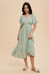 Green Floral Smocked Flutter Sleeve Maternity Midi Dress