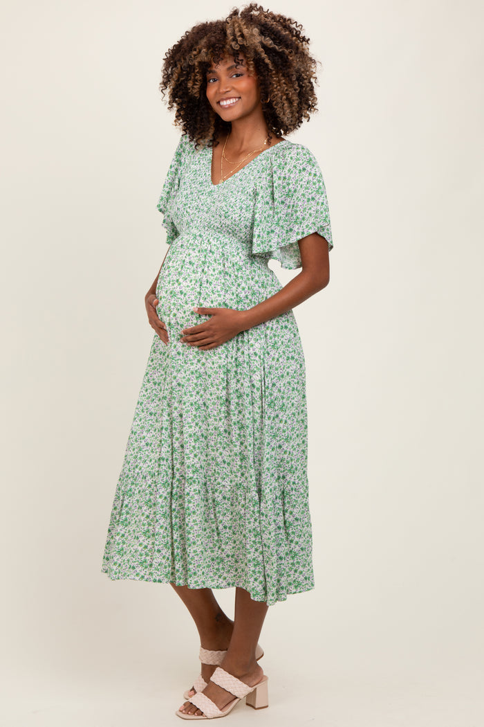 Green Floral Smocked Flutter Sleeve Maternity Midi Dress
