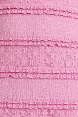 Pink Lace Ruffle Tiered Strapless Midi Dress