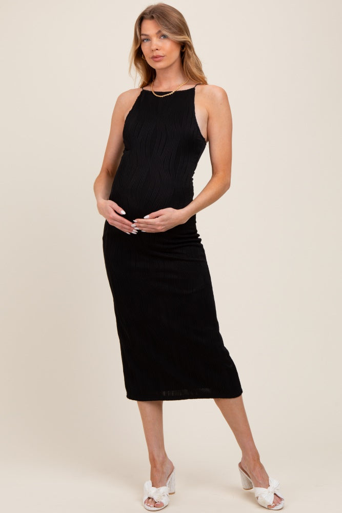 Black Textured Sleeveless Fitted Maternity Midi Dress