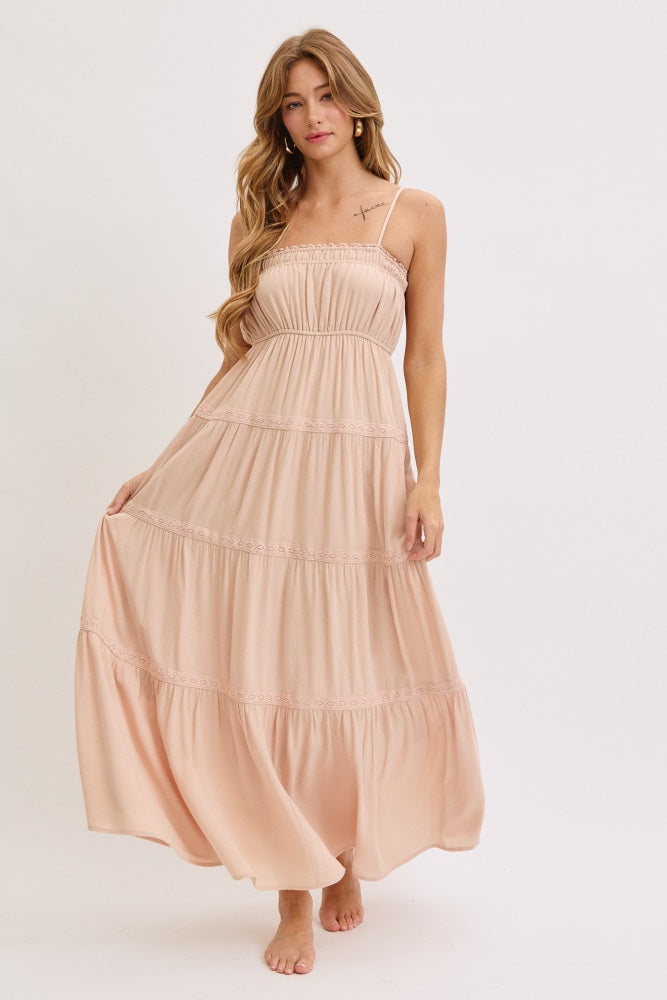 Cream Lace Tiered Sleeveless Maternity Maxi Dress