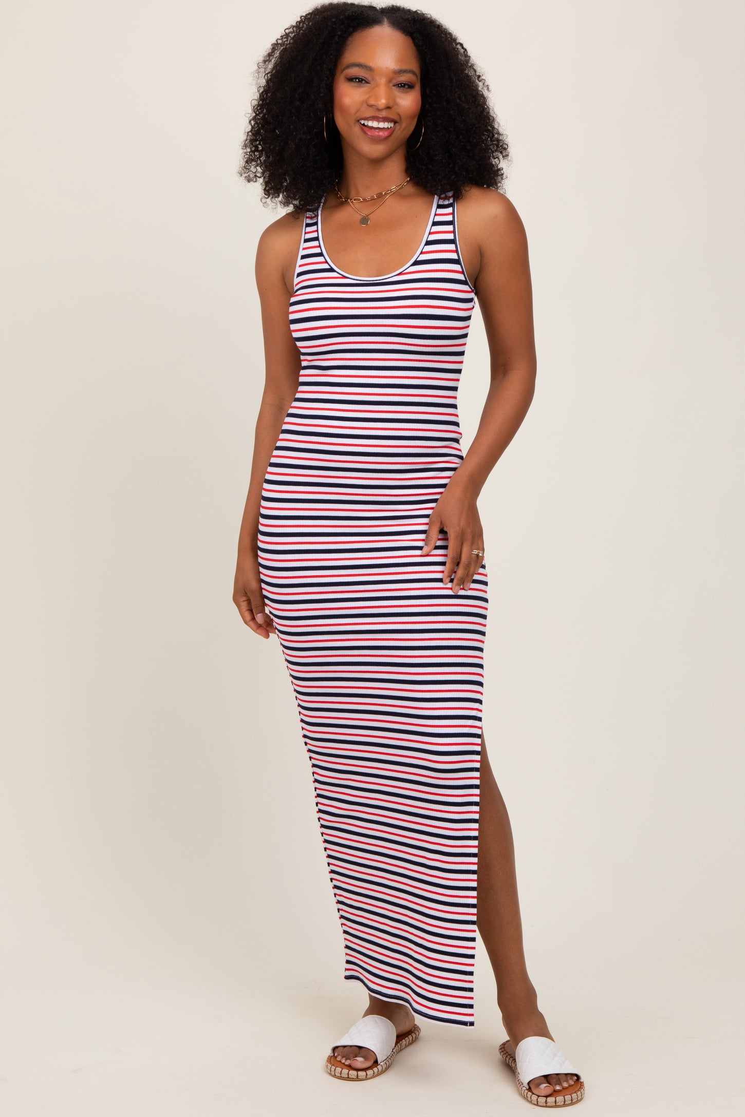 Multicolor Striped Side Slit Maternity Maxi Dress