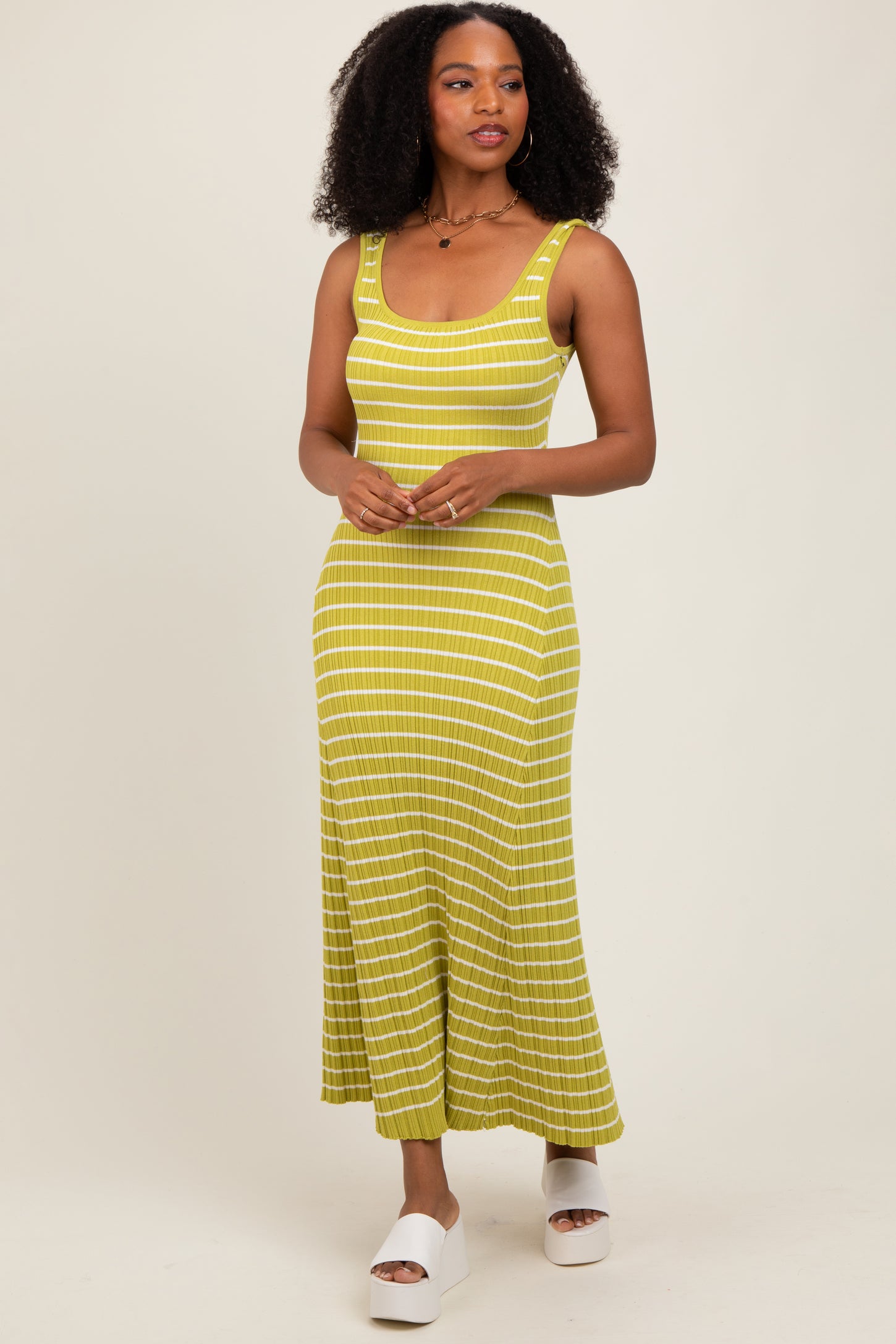 Lime Striped Ribbed Sleeveless Maternity Maxi Dress