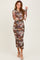 Brown Floral Mesh Overlay Ruched Midi Dress