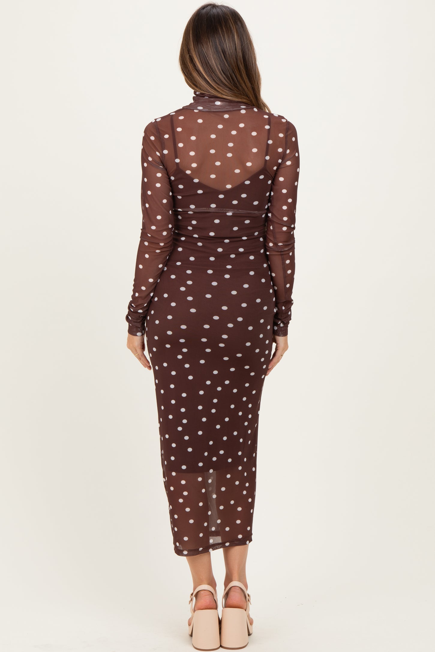 Mocha Polka Dot Mesh Overlay Maternity Midi Dress