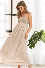 Beige Crochet Contrast Beaded Halter Neck Maxi Dress