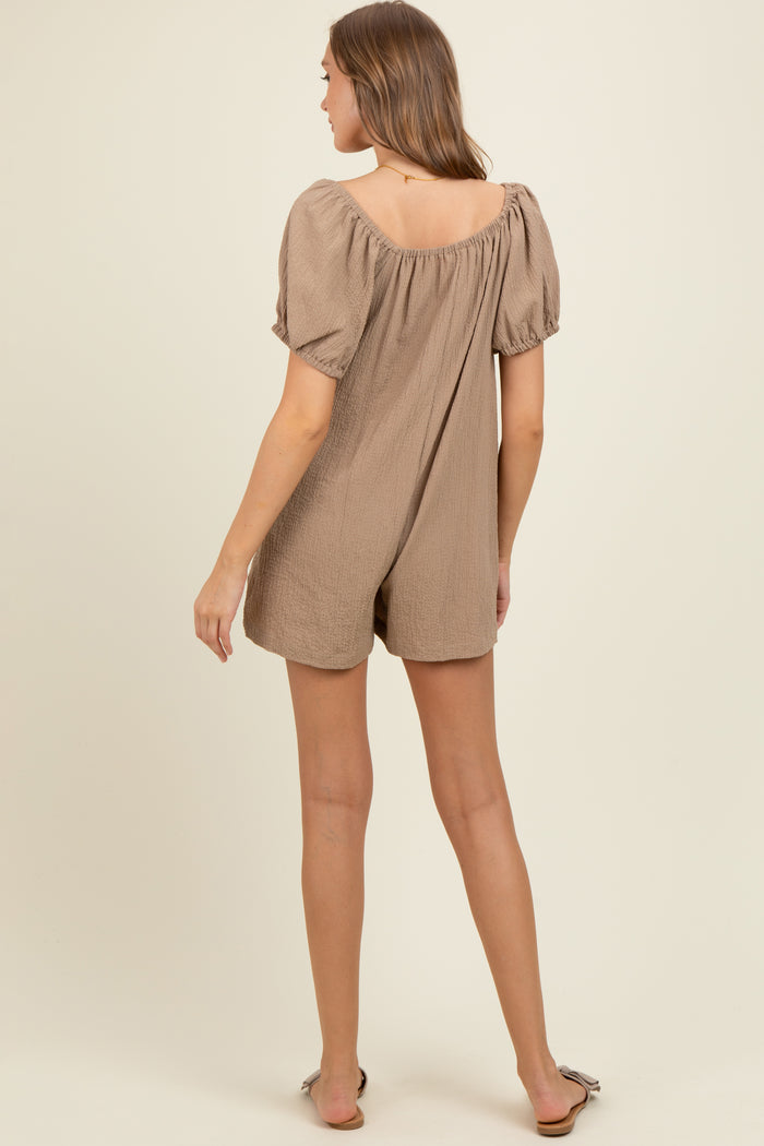 Mocha Button Up Front Tie Puff Sleeve Maternity Romper