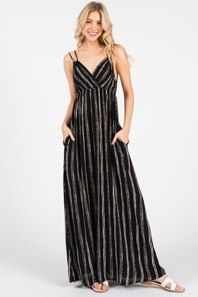 Black Striped Double Strap V-Neck Maternity Maxi Dress
