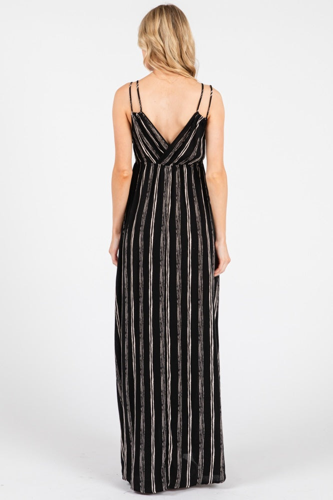 Black Striped Double Strap V-Neck Maxi Dress