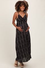 Black Striped Double Strap V-Neck Maternity Maxi Dress