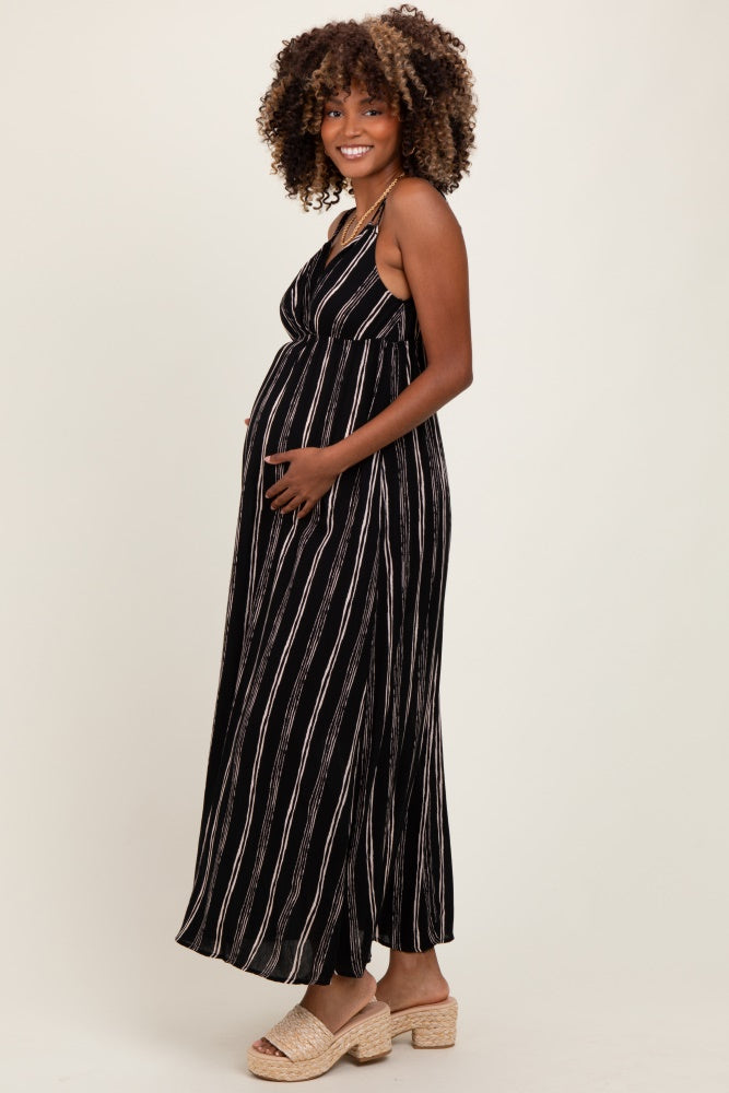Black Striped Double Strap V-Neck Maternity Maxi Dress