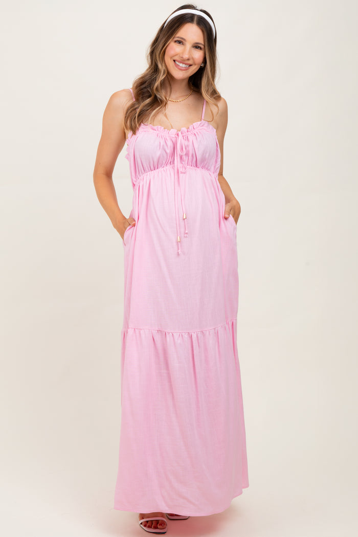 Light Pink Gathered Front Tie Maternity Maxi Dress